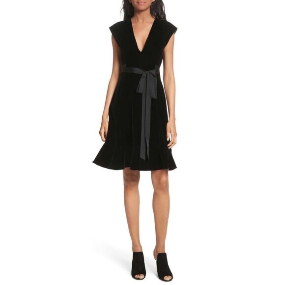 Derek Lam 10 Crosby Black Velvet V-Neck Tie Waist Fit and Flare Dress Size 0 NWT - Picture 1 of 7